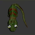 Vibrant Green Chameleon With Yellow Eyes And Red Stripes On Gray Background