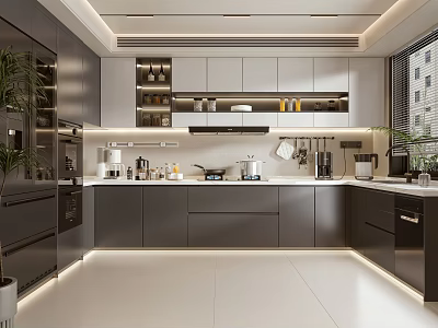 Modern Kitchen Interior Design With Gray Cabinets White Countertops And Built In Appliances 3d model