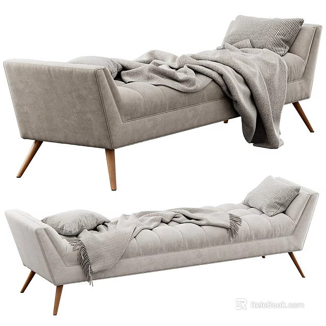Modern Light Gray Chaise Lounge With Wooden Legs Soft Blanket And Decorative Pillows 3d model 