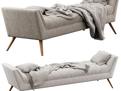 Modern Light Gray Chaise Lounge With Wooden Legs Soft Blanket And Decorative Pillows 3d model