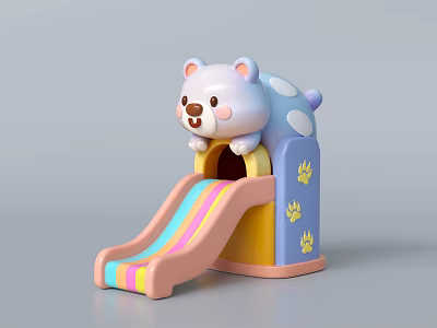 Kids Play Area with Cartoon Bear Shaped Slide Colorful Stripes and Paw Prints 3d model