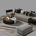 Modern Striped Sofa And Coffee Table Set With Neutral Pillows Round Ottoman And Patterned Rug 3d model