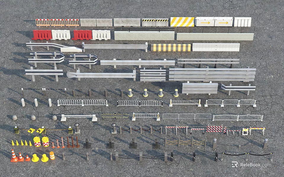 Essential Road Construction Safety Facilities Including Guardrails Barriers Cones And Warning Tapes 3d model 