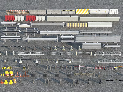 Essential Road Construction Safety Facilities Including Guardrails Barriers Cones And Warning Tapes 3d model