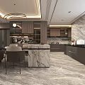 Modern Living and Dining Room Interior With Marble Counter Wooden Cabinets And Chandelier