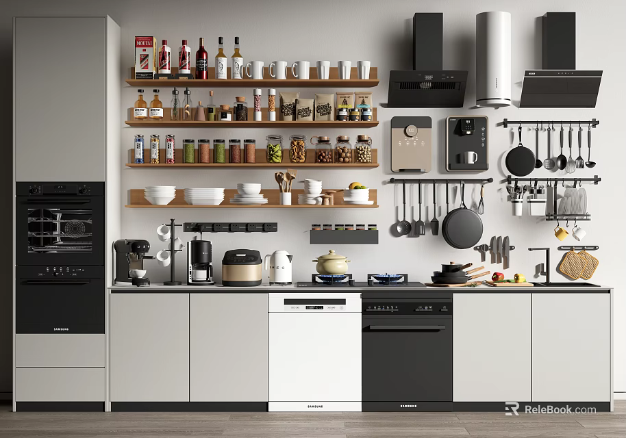 Modern Kitchen Featuring Shelves With Kitchenware Spices Mugs Hanging Pans Cabinets And Appliances 3d model 