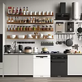 Modern Kitchen Featuring Shelves With Kitchenware Spices Mugs Hanging Pans Cabinets And Appliances