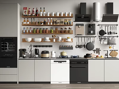 Modern Kitchen Featuring Shelves With Kitchenware Spices Mugs Hanging Pans Cabinets And Appliances 3d model