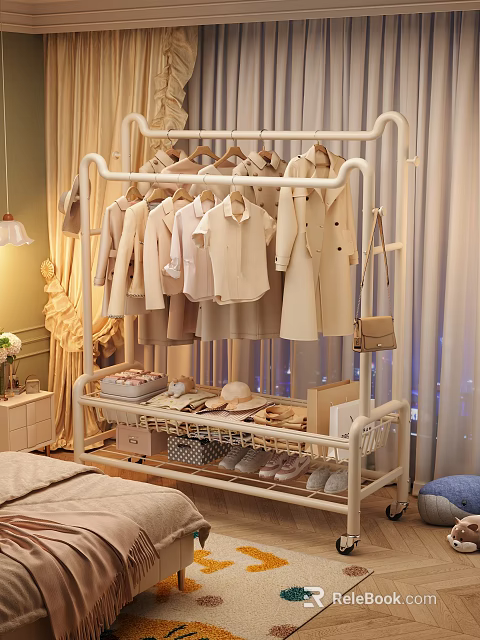 Cozy Bedroom Interior With White Garment Rack Light Apparel Storage Baskets Hats Shoes Bed Curtains 3d model 