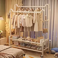 Cozy Bedroom Interior With White Garment Rack Light Apparel Storage Baskets Hats Shoes Bed Curtains