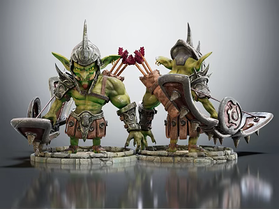 Detailed Green Goblin Warriors 3D Models With Spiked Helmets Armor And Weapons 3d model
