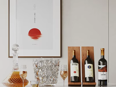 Elegant Wine Bottles And Glasses With Ice Bucket And Red Sun Wall Art 3d model