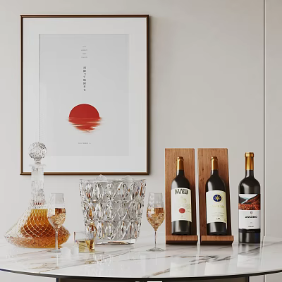 Elegant Wine Bottles And Glasses With Ice Bucket And Red Sun Wall Art 3d model