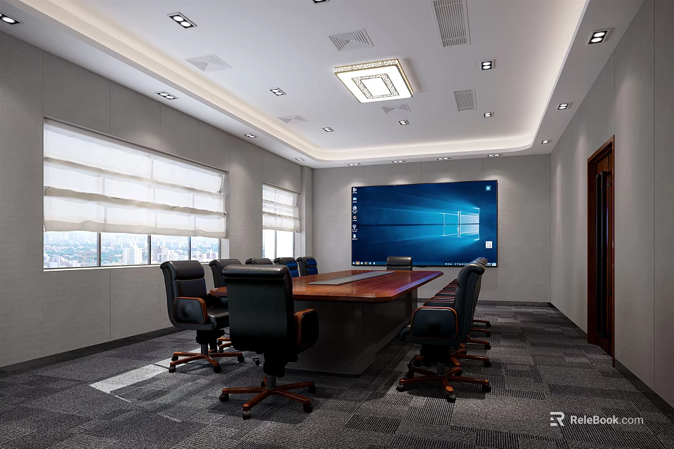 Modern Conference Room With Large Screen Meeting Table Black Chairs Recessed Lights And Gray Carpet 3d model 