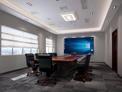 Modern Conference Room With Large Screen Meeting Table Black Chairs Recessed Lights And Gray Carpet 3d model