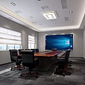 Modern Conference Room With Large Screen Meeting Table Black Chairs Recessed Lights And Gray Carpet