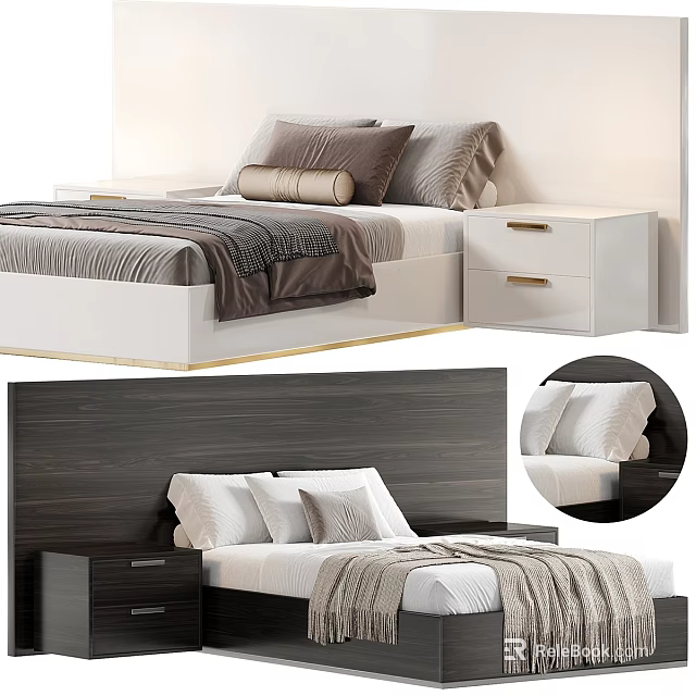 Modern Double Bed Interior Design With Headboard Pillows Bedding And Nightstands 3d model