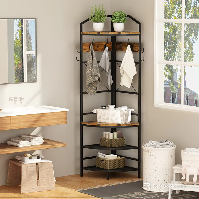 Multifunctional Black Metal Clothes Rack With Wooden Top And Storage Shelves For Towels And Baskets 3d model 