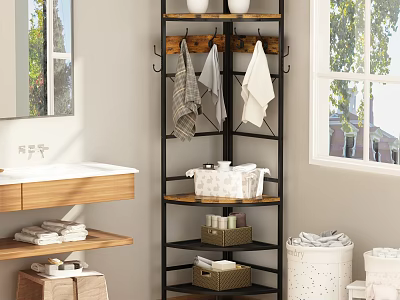 Multifunctional Black Metal Clothes Rack With Wooden Top And Storage Shelves For Towels And Baskets 3d model