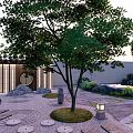 Japanese Garden Landscape With Stone Stepping Path Maple Trees And Stone Lanterns