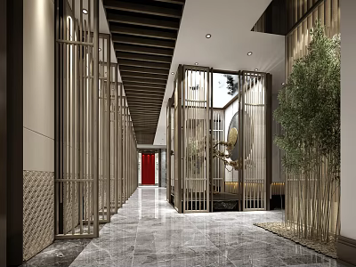 Modern Hotel Corridor Featuring Wooden Lattice Marble Flooring Red Door And Green Plants 3d model