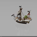 Cartoon Style Pirate Ship with Skull Design Sails Colorful Flags Green Plants and Decorative Bow
