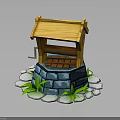 Traditional Well Structure With Wooden Roof Stone Paving And Green Grass Decor