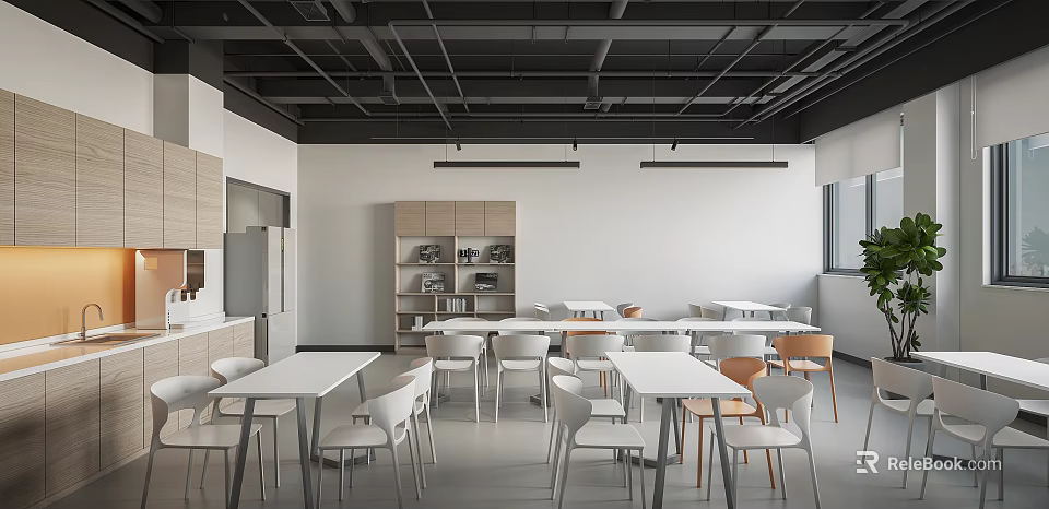 Modern Minimalist Office Space With Tables Chairs And Storage Cabinets 3d model 