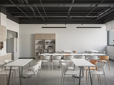 Modern Minimalist Office Space With Tables Chairs And Storage Cabinets 3d model
