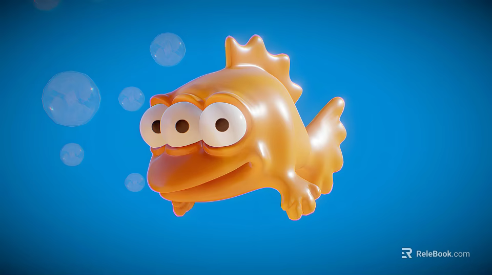 Orange Cartoon Fish With Big Eyes And Bubbles On Blue Background 3d model 