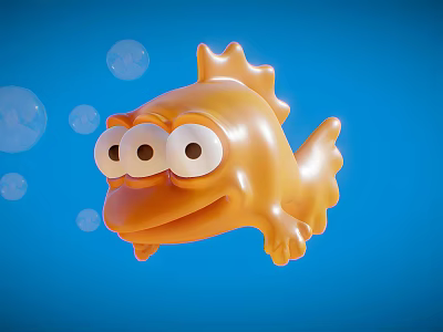 Orange Cartoon Fish With Big Eyes And Bubbles On Blue Background 3d model