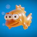 Orange Cartoon Fish With Big Eyes And Bubbles On Blue Background 3d model