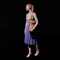 A Woman Wearing Beige Top And Purple Pleated Skirt Carrying Brown Bag Against Black Background