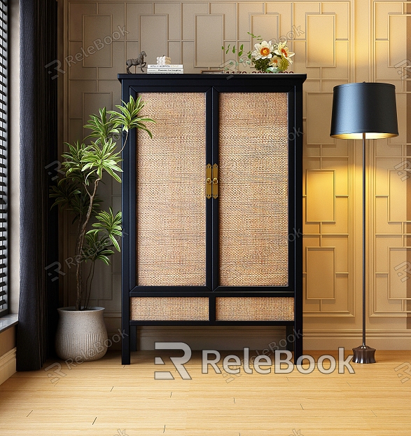 New Chinese Side Cabinet New Chinese Wardrobe New Chinese Decorative Cabinet New Chinese Storage Cabinet Floor Lamp Plant Curtain New Chinese Entrance Cabinet model