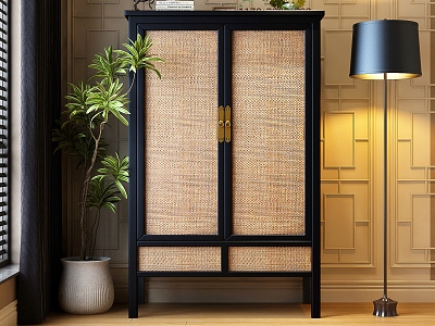 New Chinese Side Cabinet New Chinese Wardrobe New Chinese Decorative Cabinet New Chinese Storage Cabinet Floor Lamp Plant Curtain New Chinese Entrance Cabinet model