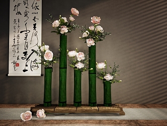 Quiet Ancient Style Flower Ornaments Bamboo Flower Art Bamboo Vase Flower Art Duan Jing Piece Hanging Painting 3d model