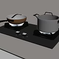 Modern Black Gas Stove With Blue Flame And Cooking Pots For Kitchen