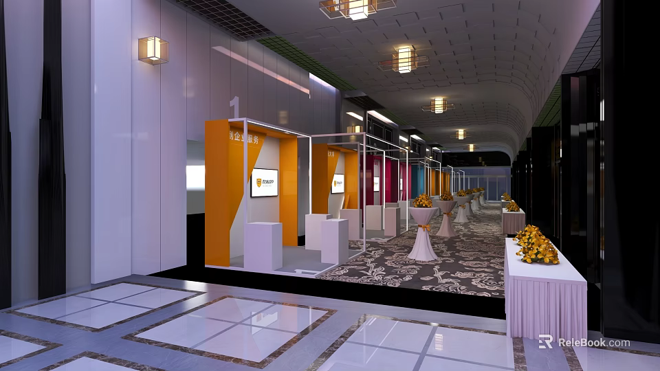 Elegant Modern Hotel Lobby Interior With Chandeliers Colorful Booths And Patterned Carpet 3d model 
