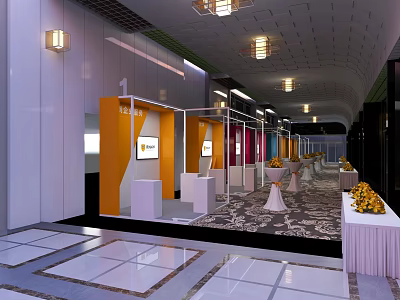 Elegant Modern Hotel Lobby Interior With Chandeliers Colorful Booths And Patterned Carpet 3d model