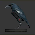 Cybernetic Crow Character With Red Glowing Eyes Metallic Body And Silver Base