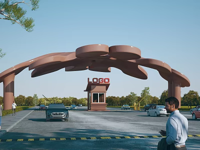 Unique Architectural Entrance Gate With Security Booth Cars People And Green Trees Background 3d model