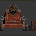 Vintage Brass Cannon on Wooden Carriage with Spoked Wheels and Tools