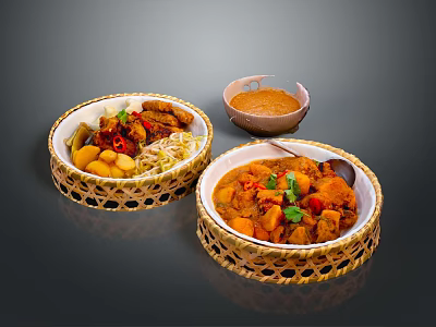 Assorted Curry Dishes Served in Wicker Baskets with Meat Potatoes Noodles and Fresh Coriander 3d model