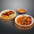 Assorted Curry Dishes Served in Wicker Baskets with Meat Potatoes Noodles and Fresh Coriander