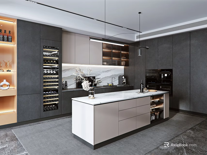 Modern Kitchen With White Island Dark Gray Cabinets Wine Storage And Black Oven 3d model 