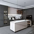 Modern Kitchen With White Island Dark Gray Cabinets Wine Storage And Black Oven