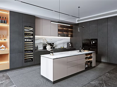 Modern Kitchen With White Island Dark Gray Cabinets Wine Storage And Black Oven 3d model
