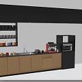 Modern Kitchen Furniture With Black Upper And Wooden Lower Cabinets Sink Coffee Machine And Cups