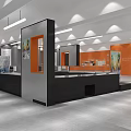 Modern Exhibition Hall Interior With Black Reception Desk Orange Accent Wall Artworks And Linear Pendant Lights