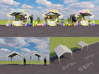 Food Festival Booth Tents in Standard Size 3m by 3m and 2m by 2m Design 3d model